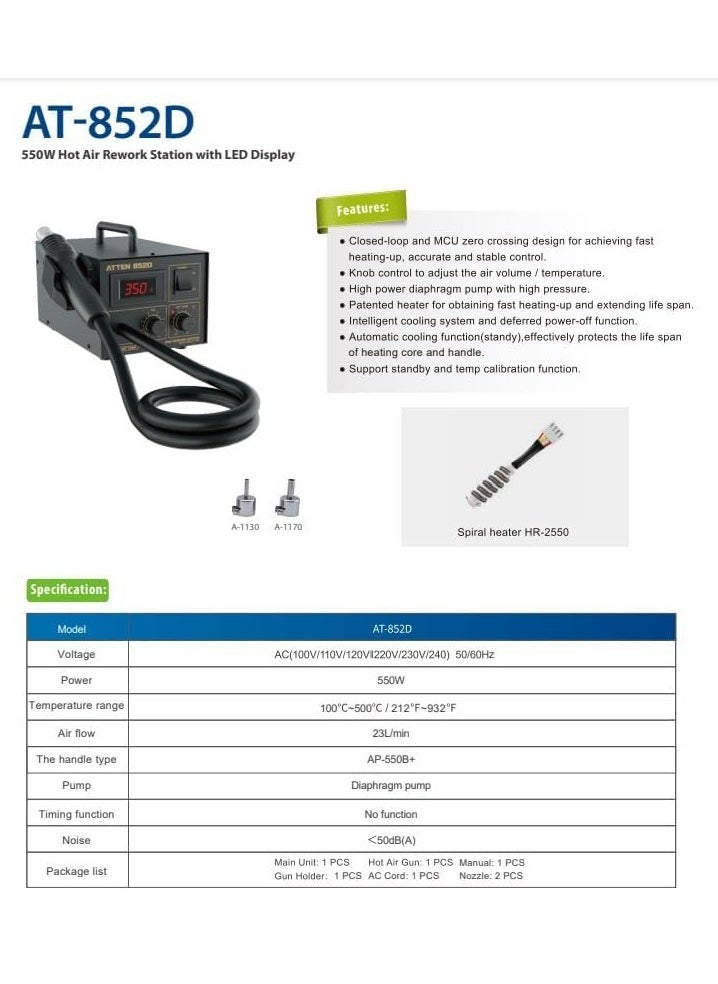 ATTEN AT-852D Hot Air Station Digital Adjustable Temperature Control 500W with Anti-Static Design Ideal for SMD Soldering and Desoldering