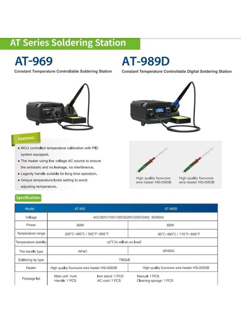 ATTEN AT-969 Soldering Station 60W Digital Soldering Iron with Adjustable Temperature Control Rapid Heating and ESD-Safe Design for Precision Electronics Repair