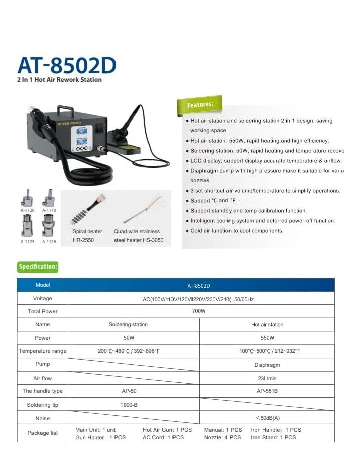 ATTEN AT-8502D 2-in-1 Rework Station 50W to 550W Adjustable Power Soldering and Hot Air Station with Digital Temperature Control LCD Display and ESD Safe Design for Electronics Repair