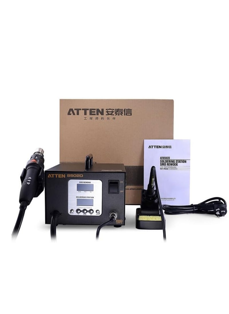 ATTEN AT-8502D 2-in-1 Rework Station 50W to 550W Adjustable Power Soldering and Hot Air Station with Digital Temperature Control LCD Display and ESD Safe Design for Electronics Repair