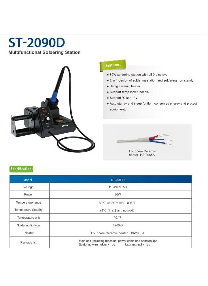 ATTEN ST-2090D 80W Digital Soldering Station Precision Soldering Iron with Adjustable Temperature LCD Display Fast Heating and ESD Safe for Electronics Repair and Assembly