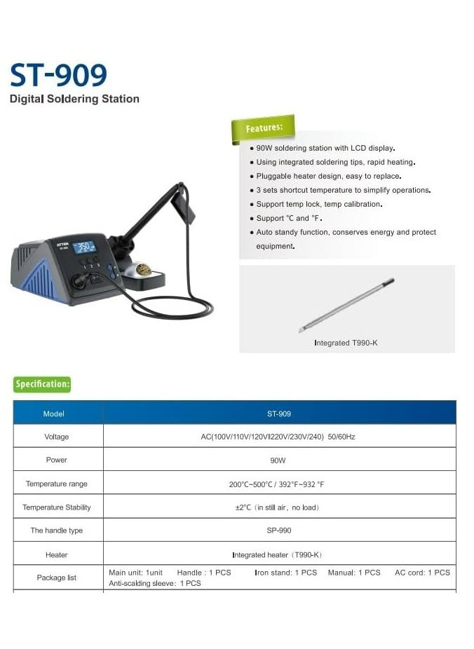 ATTEN ST-909 90W Soldering Station High-Power Digital Soldering Iron with Adjustable Temperature Control LCD Display Fast Heating and ESD Protection for Professional Electronics Repair