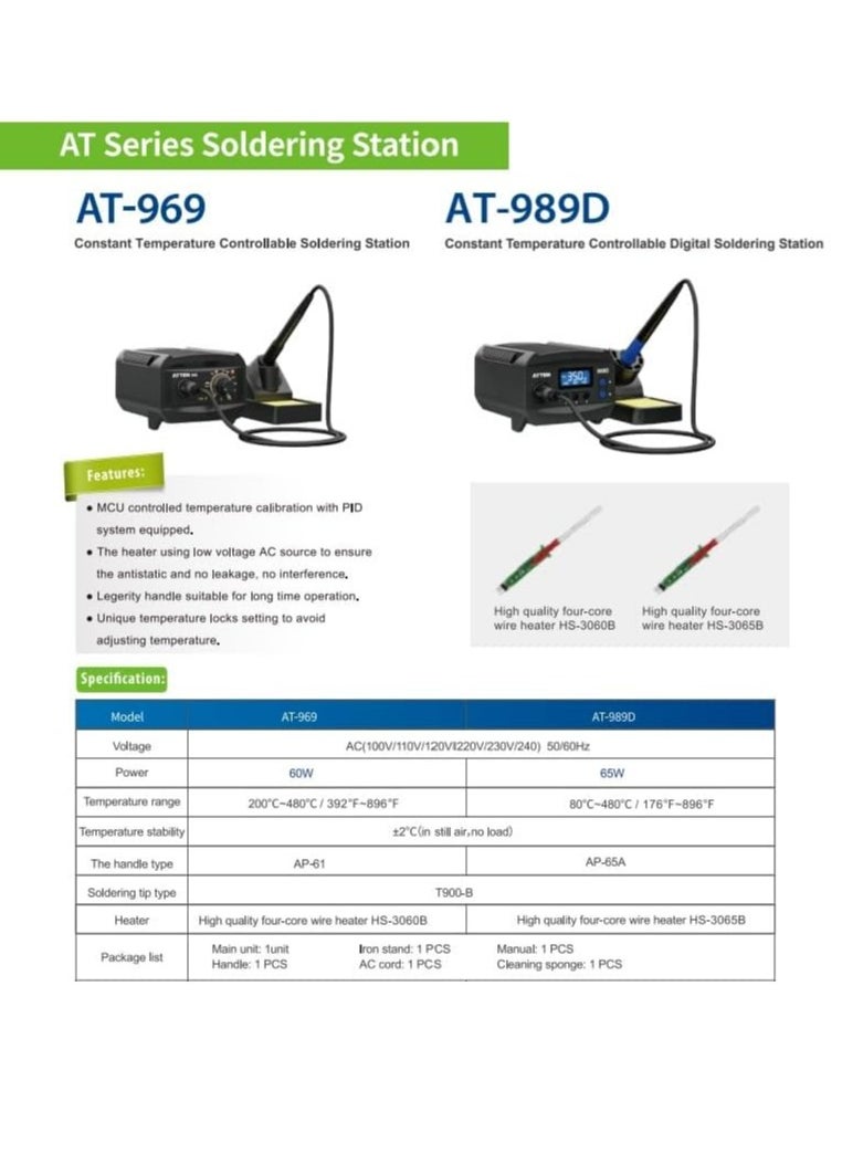 ATTEN AT-989D 65W Soldering Station Digital Temperature Control with LCD Display High-Precision Soldering Iron for Electronics Repair PCB Assembly and SMD Rework