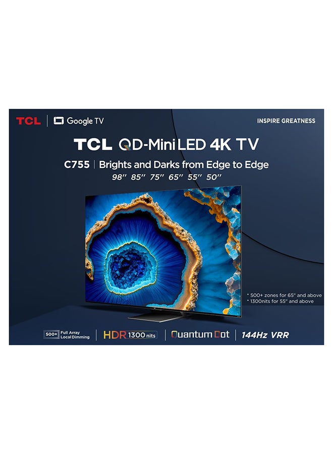 65 Inch TV 4K QD-Mini LED Smart Google TV Game Master 2.0 Dolby Vision IQ-Atmos HDR 1300 Nits Peak IMAX Enhanced 144HZ VRR - (2023 Model) 65C755 Black