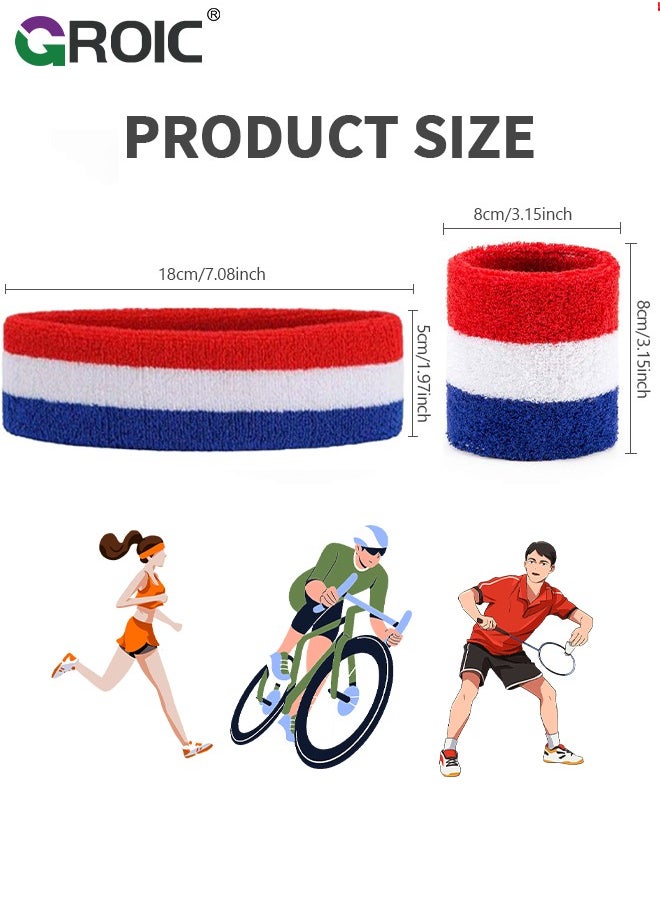 Sweatbands Set, 6pcs Sport Striped Sweatband Set-2 Headband and 4 Wristbands, GROIC Nonslip Cotton Sports Sweat Band for Fitness/ Skateboard/ Running/ Badminton Ball Games, Gift for Men,Women,Trainer