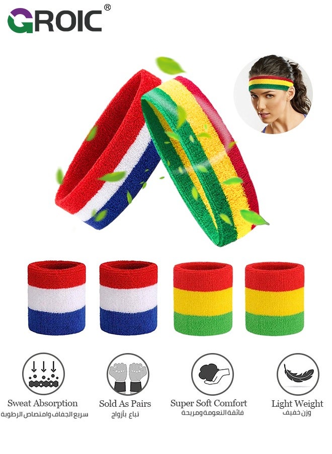 Sweatbands Set, 6pcs Sport Striped Sweatband Set-2 Headband and 4 Wristbands, GROIC Nonslip Cotton Sports Sweat Band for Fitness/ Skateboard/ Running/ Badminton Ball Games, Gift for Men,Women,Trainer