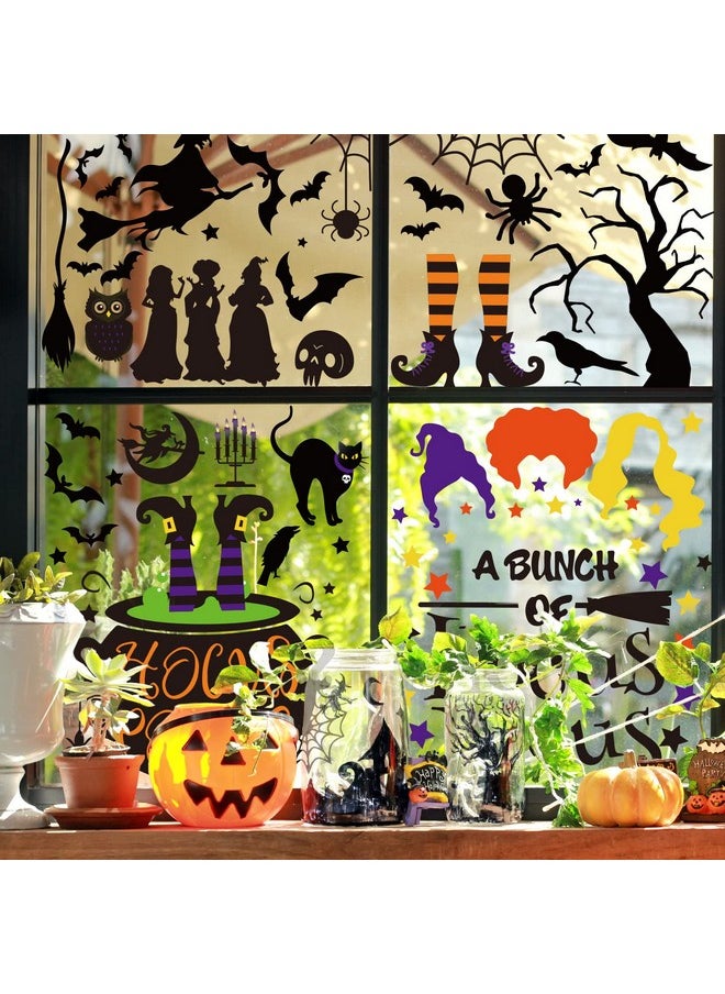 4Pcs Halloween Window Decals Crazy Witches Hocus Pocus Window Clings Bats Spider Webs Owl Witch Pvc Stickers For Halloween Party Home Office Window Glass Mirror Decoration 8.9 X 11.8