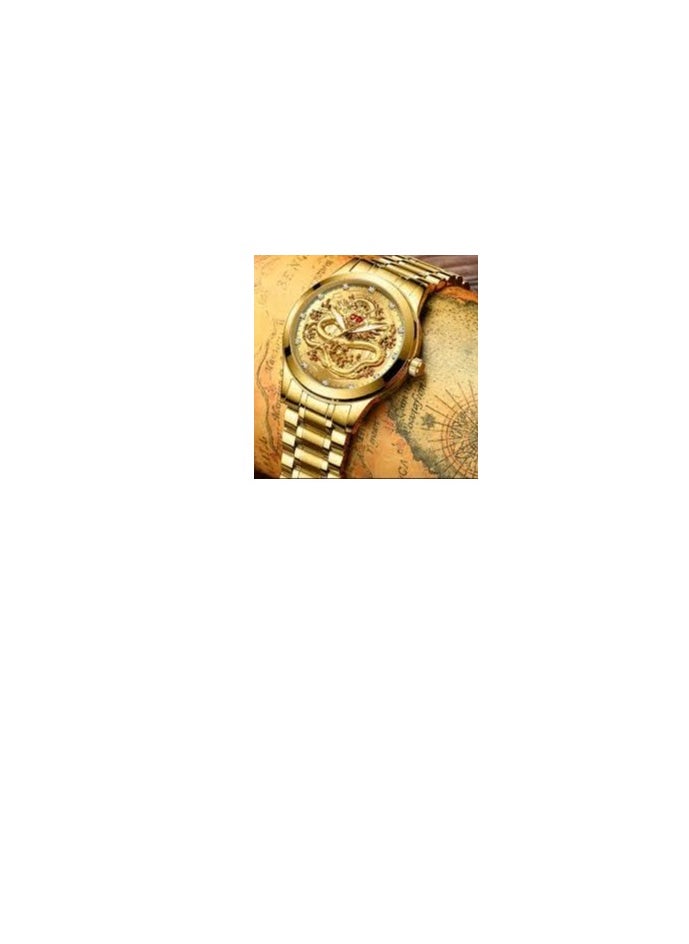 Dragon Emblem Golden Wristwatch with Diamonds, Stainless Steel Band