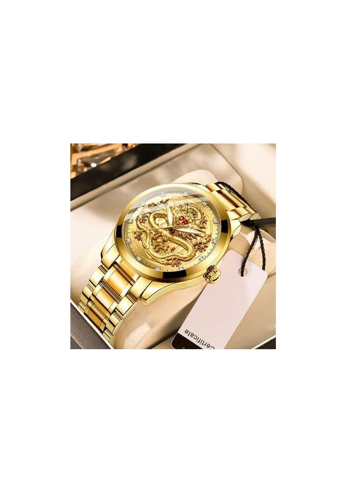 Dragon Emblem Golden Wristwatch with Diamonds, Stainless Steel Band