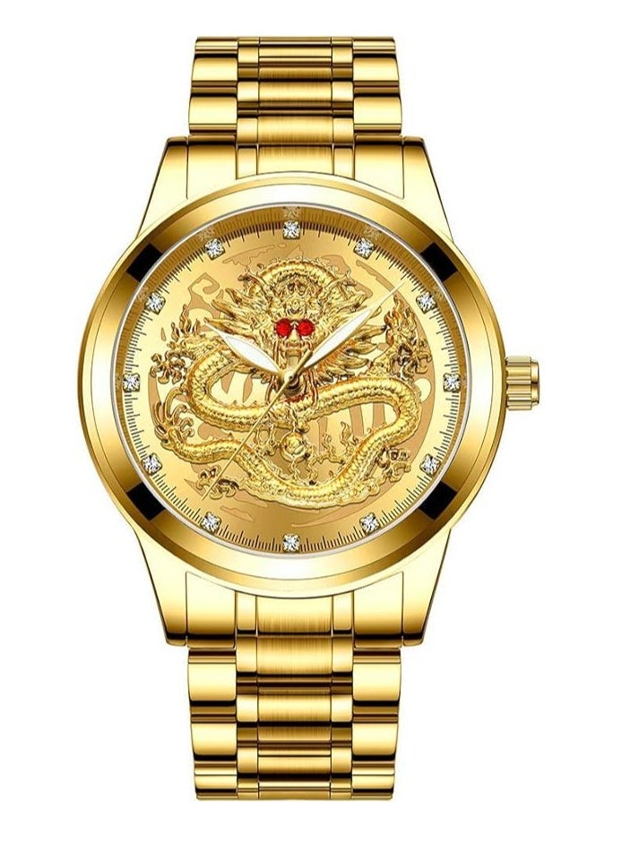 Dragon Emblem Golden Wristwatch with Diamonds, Stainless Steel Band