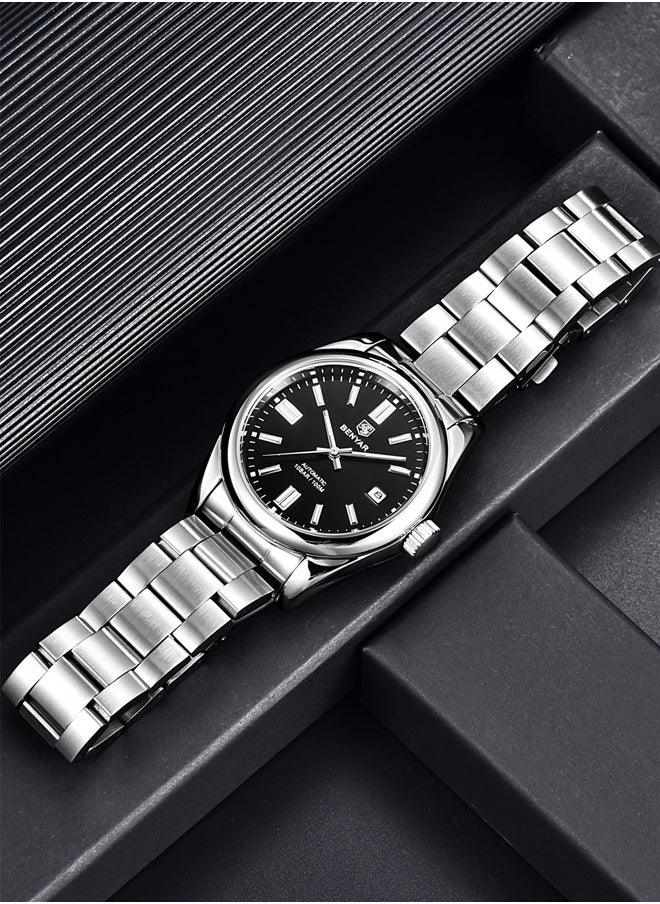 Men's automatic watches, waterproof watches, all-steel luxury watches, casual business watches, men's Seagull ST6 mechanical synthetic glass watches BY-5185 silver black