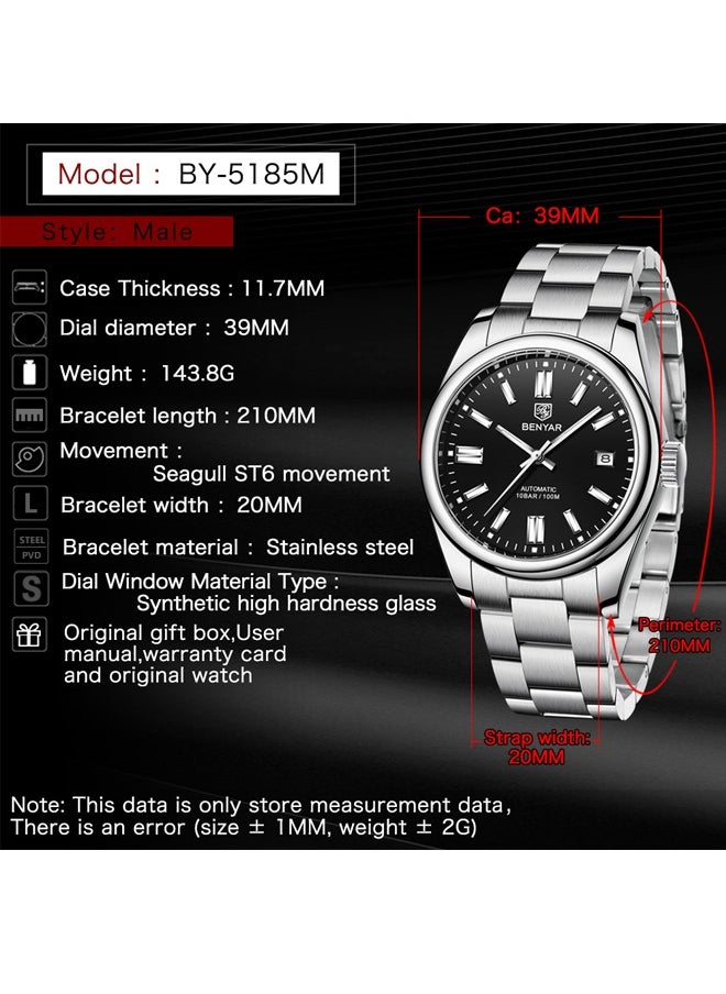 Men's automatic watches, waterproof watches, all-steel luxury watches, casual business watches, men's Seagull ST6 mechanical synthetic glass watches BY-5185 silver black