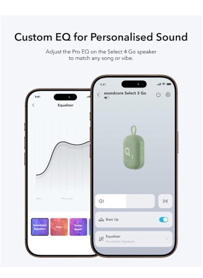 soundcore Select 4 Go Ultra Portable Bluetooth Speaker by Anker, 20H Playtime, IP67 Waterproof and Dustproof, Floatable, Customisable Pro EQ, Wireless Stereo Pairing, Ideal for Home, Outdoors, Hiking