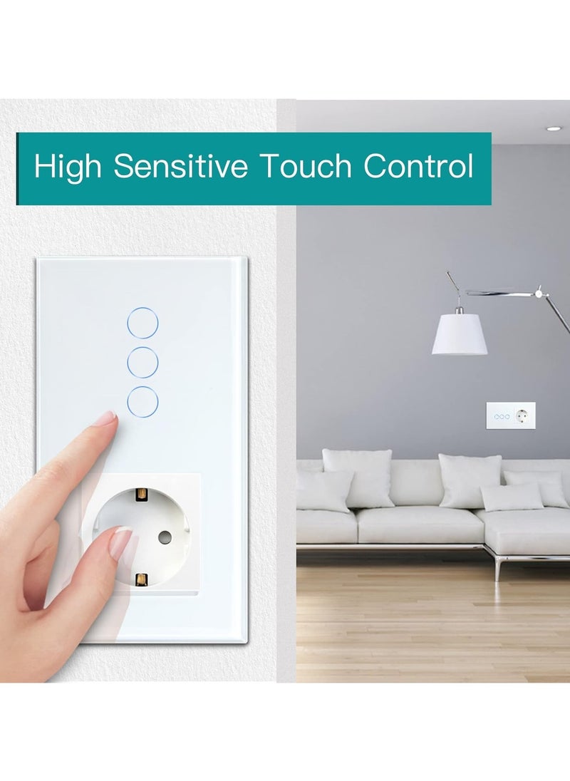 Normal Schuko Socket with Smart Alexa Glass WiFi Touch Light Switch, 16A, 3-Way/1-Way Wall Switch – Compatible with Alexa and Google Home, Neutral Conductor Required, White