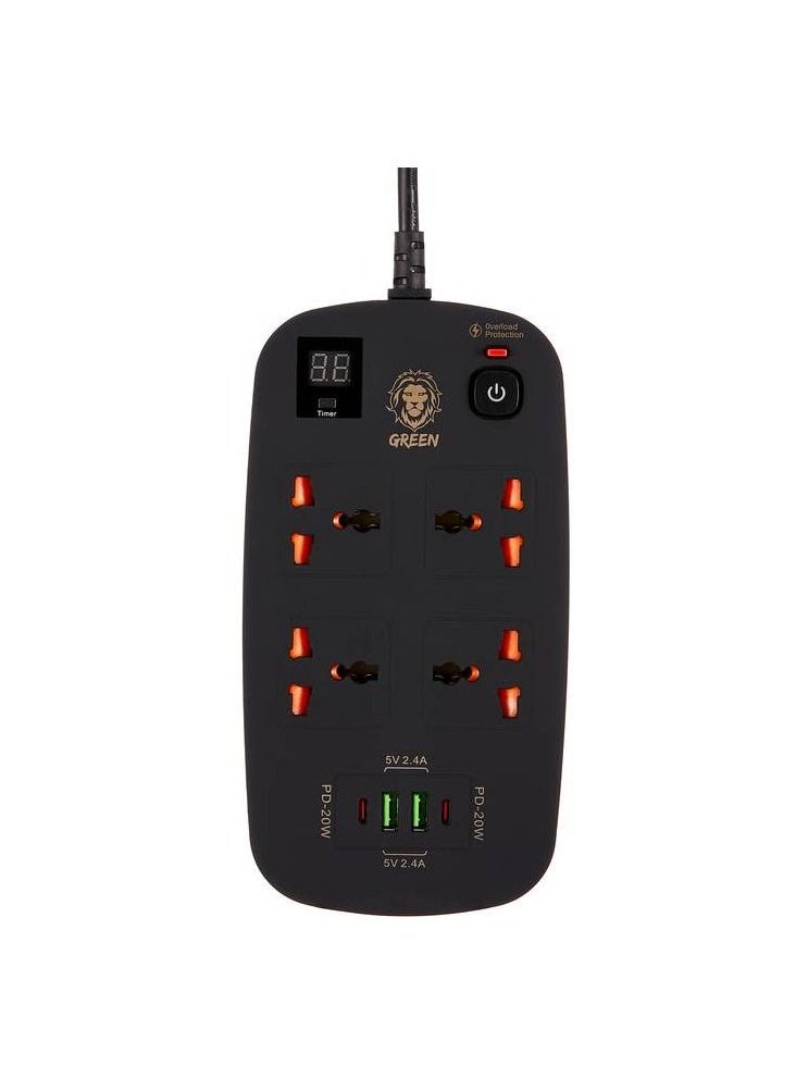 4 AC 2 USB & 2 USB-C PD 40W Multiport Smart Power Socket 3500W 3M, Equipped With Multiple Protection Measures To Protect Your Safety, Four Sockets, Smart USB & Timer - Black