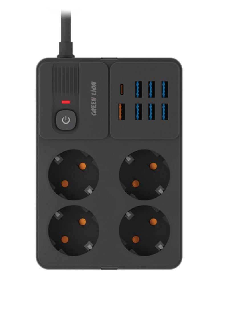 Power Socket GL-PS8A Model 4 AC Socket + 7 USB-A + 1 USB-C 3250W / ABS Cover Material / EU Socket / Power Button / 2M Cable Length for TV / PC / Home Cinema / Router / Video Games / Insight Printer / USB-C (PD-20W) / UK Plug with Fuse / 13A / 250V~ / 3250W Rated / Child Safe Design / 4 Safety Shutter Protection / 12 Devices Supports / Wall Mounting / Overload Protection - Black