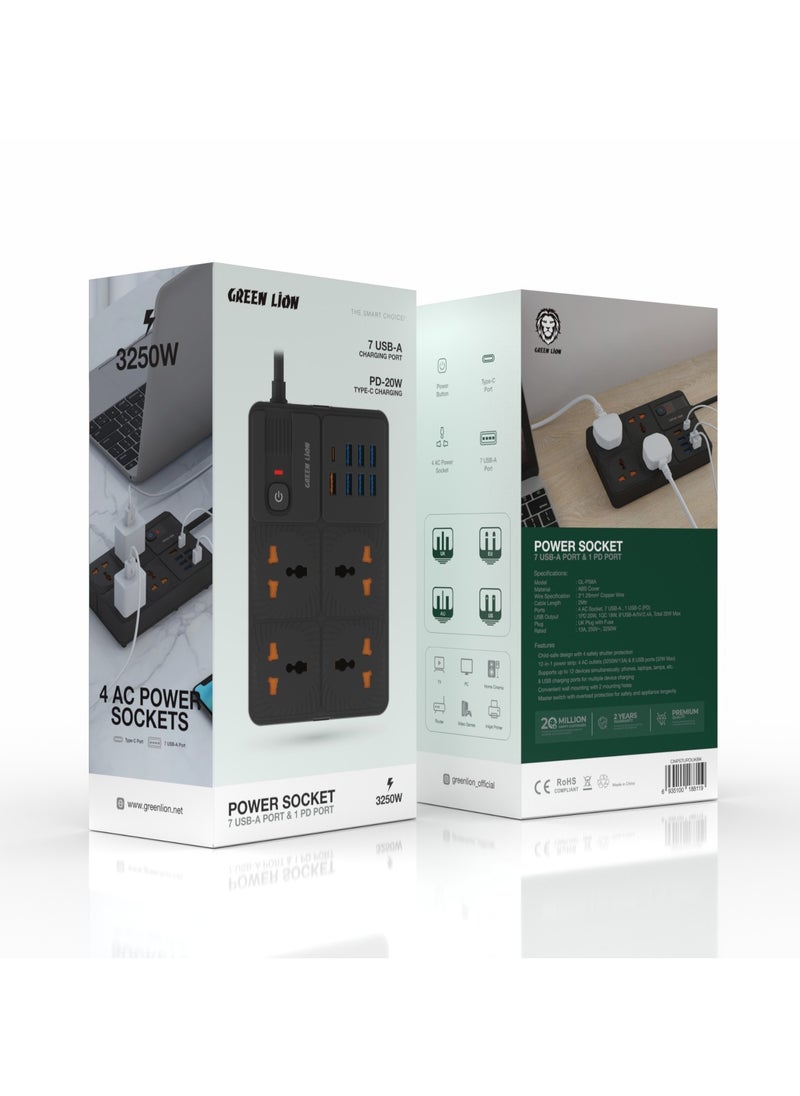 Power Socket GL-PS8A Model 4 AC Socket + 7 USB-A + 1 USB-C 3250W / ABS Cover Material / UK Socket / Power Button / 2M Cable Length for TV / PC / Home Cinema / Router / Video Games / Insight Printer / USB-C (PD-20W) / UK Plug with Fuse / 13A / 250V~ / 3250W Rated / Child Safe Design / 4 Safety Shutter Protection / 12 Devices Supports / Wall Mounting / Overload Protection - Black