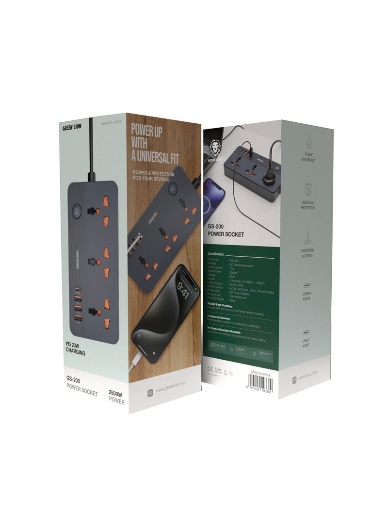 GS-200 Power Socket 2500W / 3 Universal Sockets / PD 20W Charging / Fast Charging / Overload Protection / Flame Retardant - Black