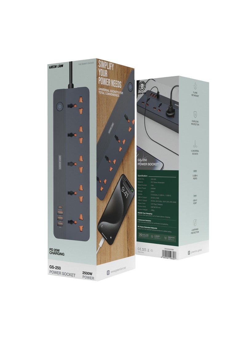GS-250 Power Socket 2500W / 5 Universal Sockets / PD 20W Charging / Fast Charging / Lightning Protection / Overload Protection / Flame Retardant - Black