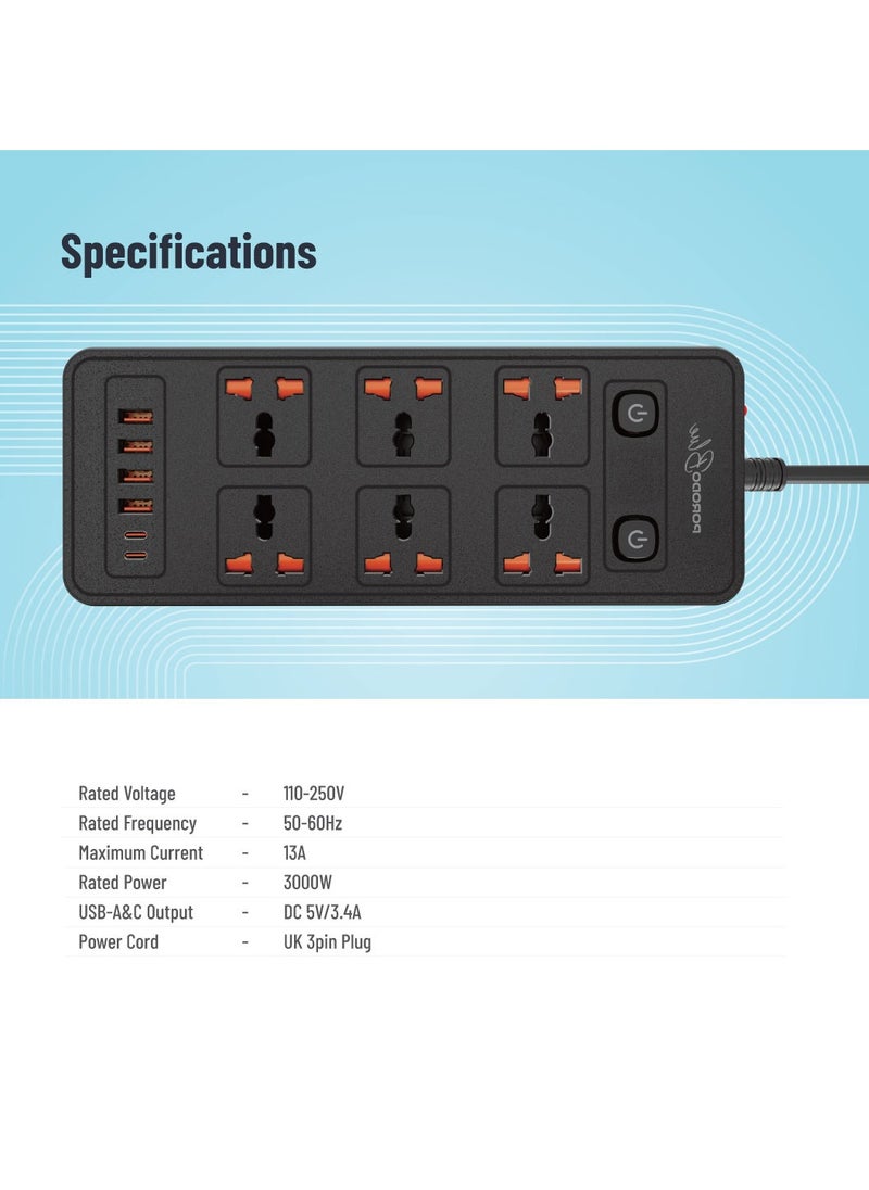 6 AC Power Socket With X2 USB-C X4 USB-A and Port UK / 3m Wire / Power Switch Control / Safety Shutters - Black