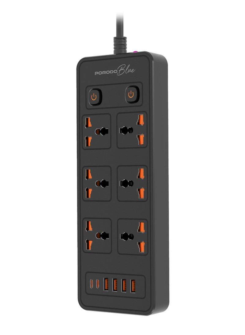 6 AC Power Socket With X2 USB-C X4 USB-A and Port UK / 3m Wire / Power Switch Control / Safety Shutters - Black