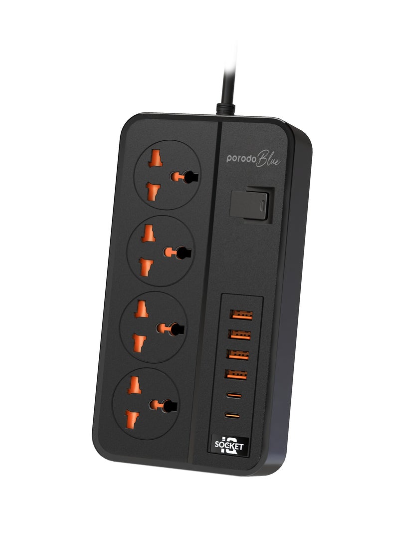 4 AC Power Socket With X2 USB-C X4 USB-A and Port UK / 3m Wire / Power Switch Control / Safety Shutters - Black