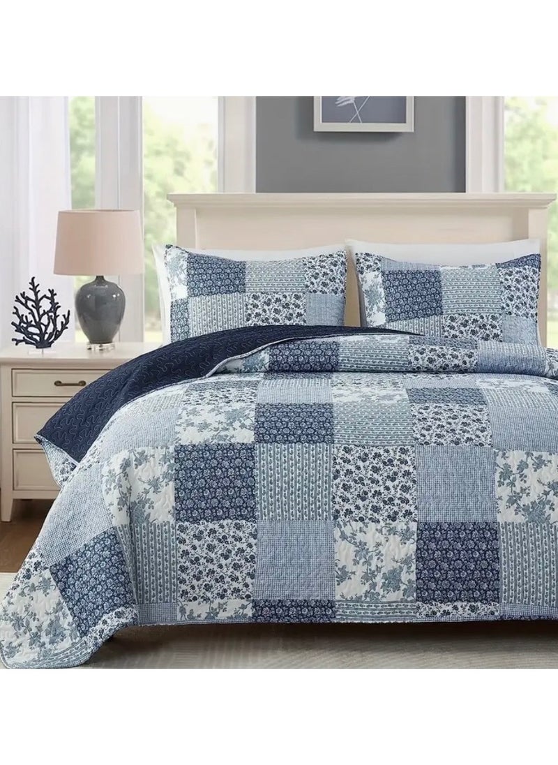 Pastoral Style Quilt Bedspread Set, 3 Pieces, Queen Size(220cm*240cm), With Pillowcases (Blue, Queen)