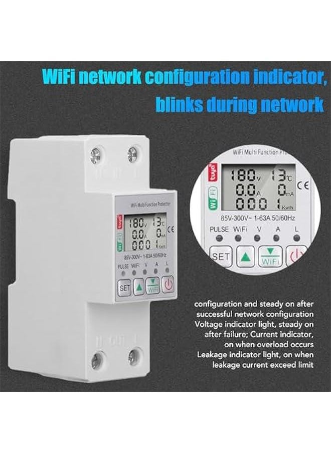 Miniature Circuit Breaker, Smart Circuit Breaker, Power Meter Switch, 2 Pole DIN Rail Mount Circuit Breaker, Energy Circuit Breaker with Metering, 85‑300V AC 63A, for TUYA