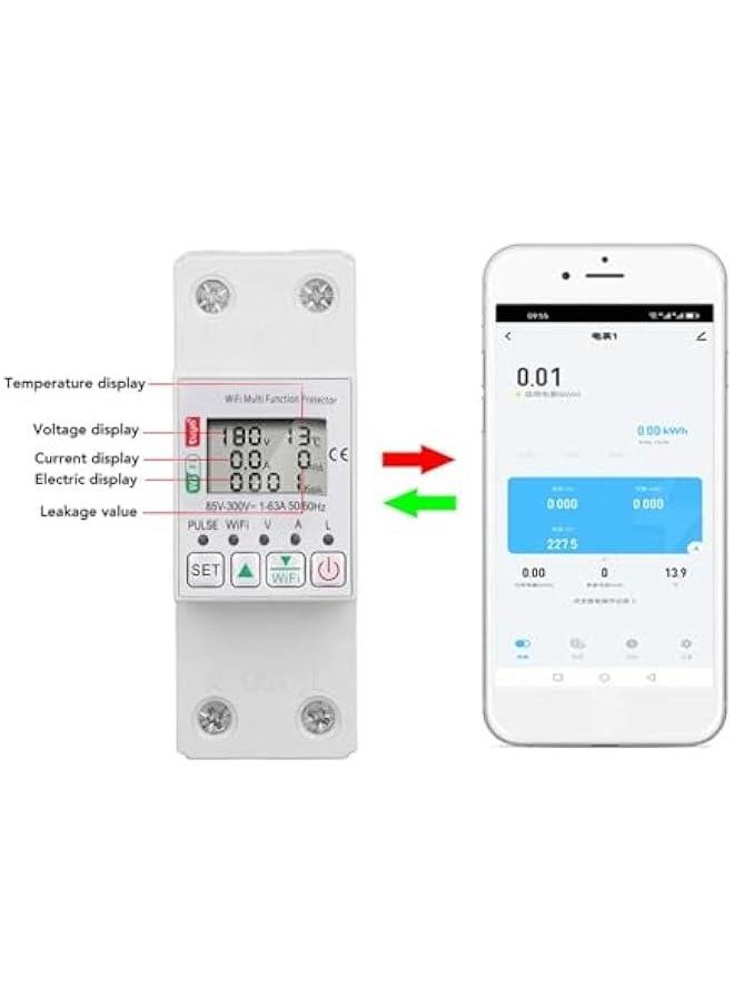 Miniature Circuit Breaker, Smart Circuit Breaker, Power Meter Switch, 2 Pole DIN Rail Mount Circuit Breaker, Energy Circuit Breaker with Metering, 85‑300V AC 63A, for TUYA