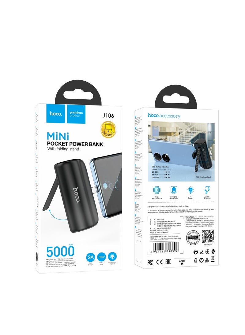 J106 Pocket Power Bank (Type-C, 5000mAh) – Compact and Portable Charger for iPhone 15/14/13/12 Series, Samsung Galaxy S23/S22/S21, AirPods, and More
