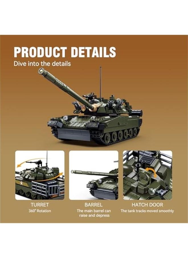 T80BVM Main Battle Tank Army Building Block(790 PCS),WW2 Military Historical Collection Model with 2 Soldier Figures,Toys Gifts for Kid and Adult