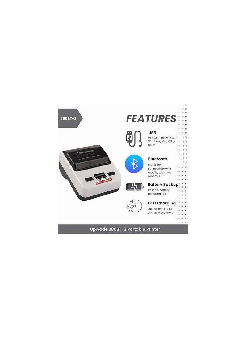 Upwade 80mm (3 Inches) Direct Thermal Printer USB + Bluetooth + Rechargable Battery (Receipt)