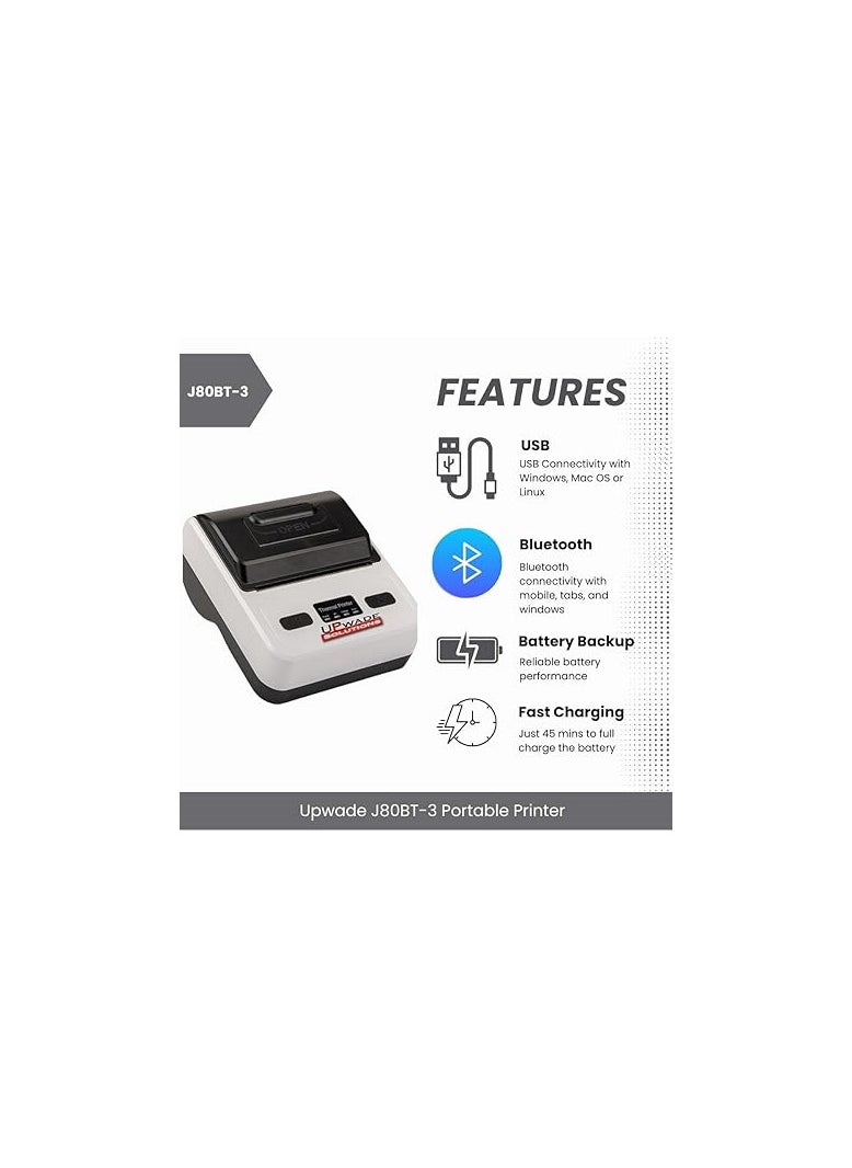 Upwade 80mm (3 Inches) Direct Thermal Printer USB + Bluetooth + Rechargable Battery (Receipt)