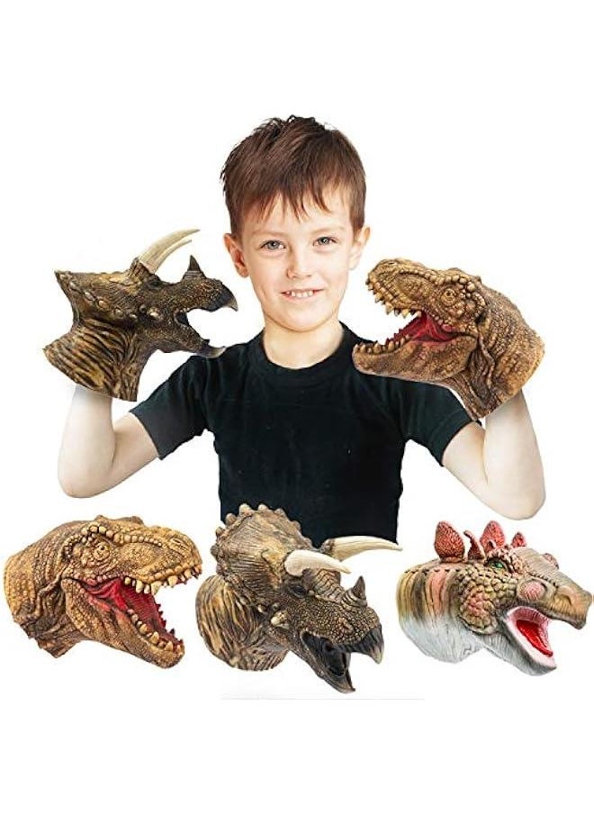 Dinosaur Hand Puppets Realistic Latex Soft Animal Toys Set, Tyrannosaurus, Triceratops, Stegosaurus Hand Puppet Toys Gift for Kids, Party Imaginative Games, 3 Pack