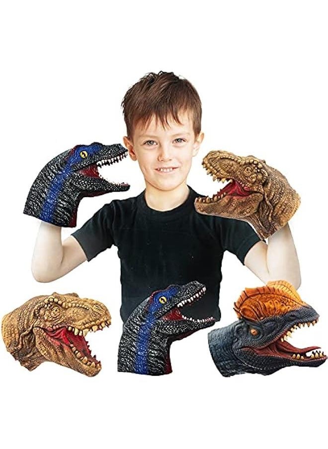 Dinosaur Hand Puppets Realistic Latex Soft Animal Head Toys Set, Hand Puppet Toys Gift for Kids, Party Show Imaginative Play (Tyrannosaurus & Dilophosaurus & Velociraptors)