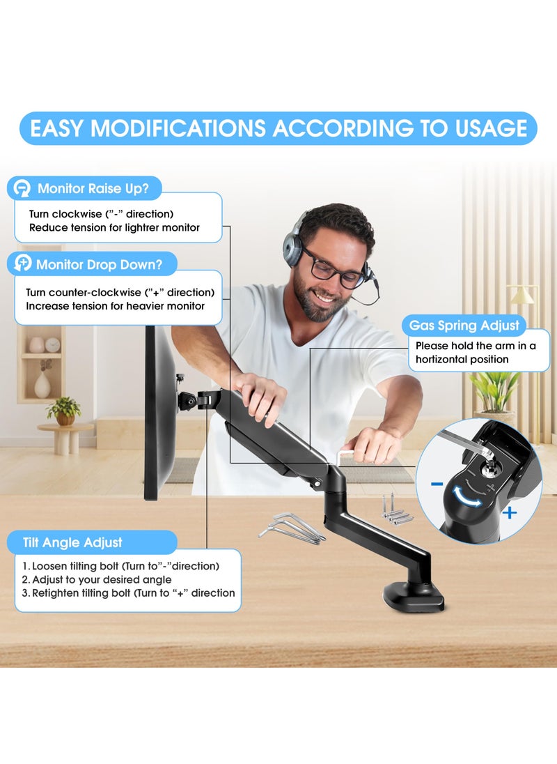 360® Computer Monitor Arm with Gas Spring Monitor Mount Desk Mount Tilt Angle for 10-32 Inch Adjustable Height Load Capacity 10kg VESA 75x75/100x100mm with Grommet And C-Clamp Mounting