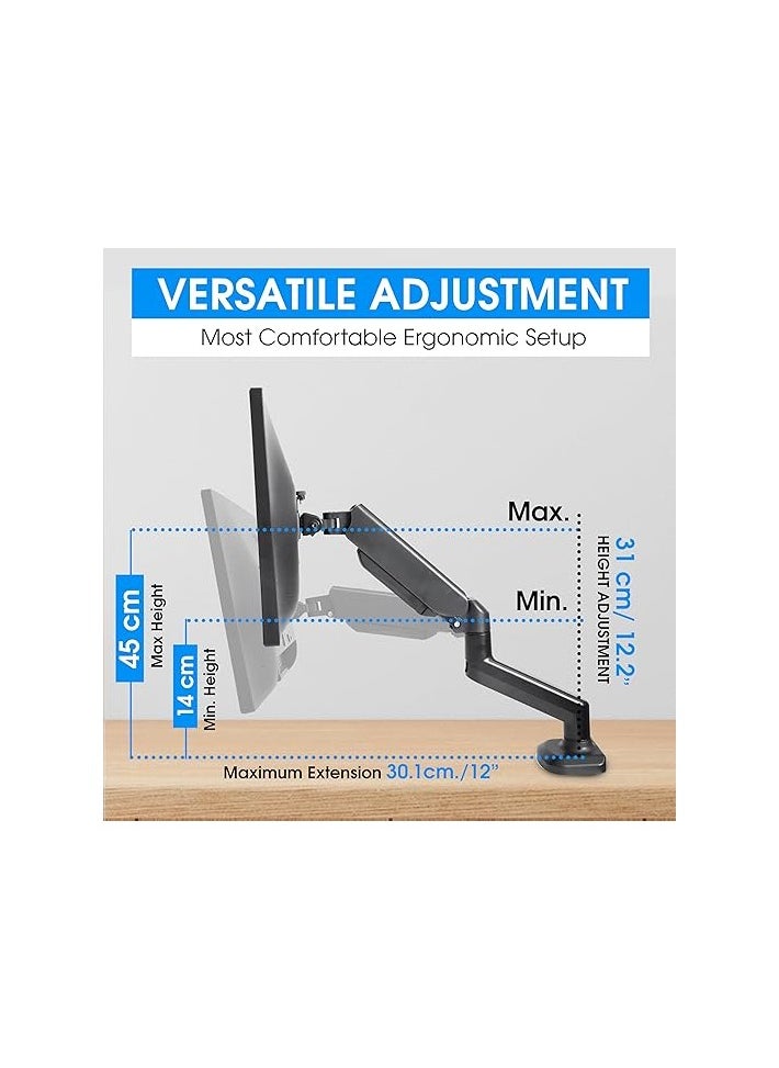 360® Computer Monitor Arm with Gas Spring Monitor Mount Desk Mount Tilt Angle for 10-32 Inch Adjustable Height Load Capacity 10kg VESA 75x75/100x100mm with Grommet And C-Clamp Mounting