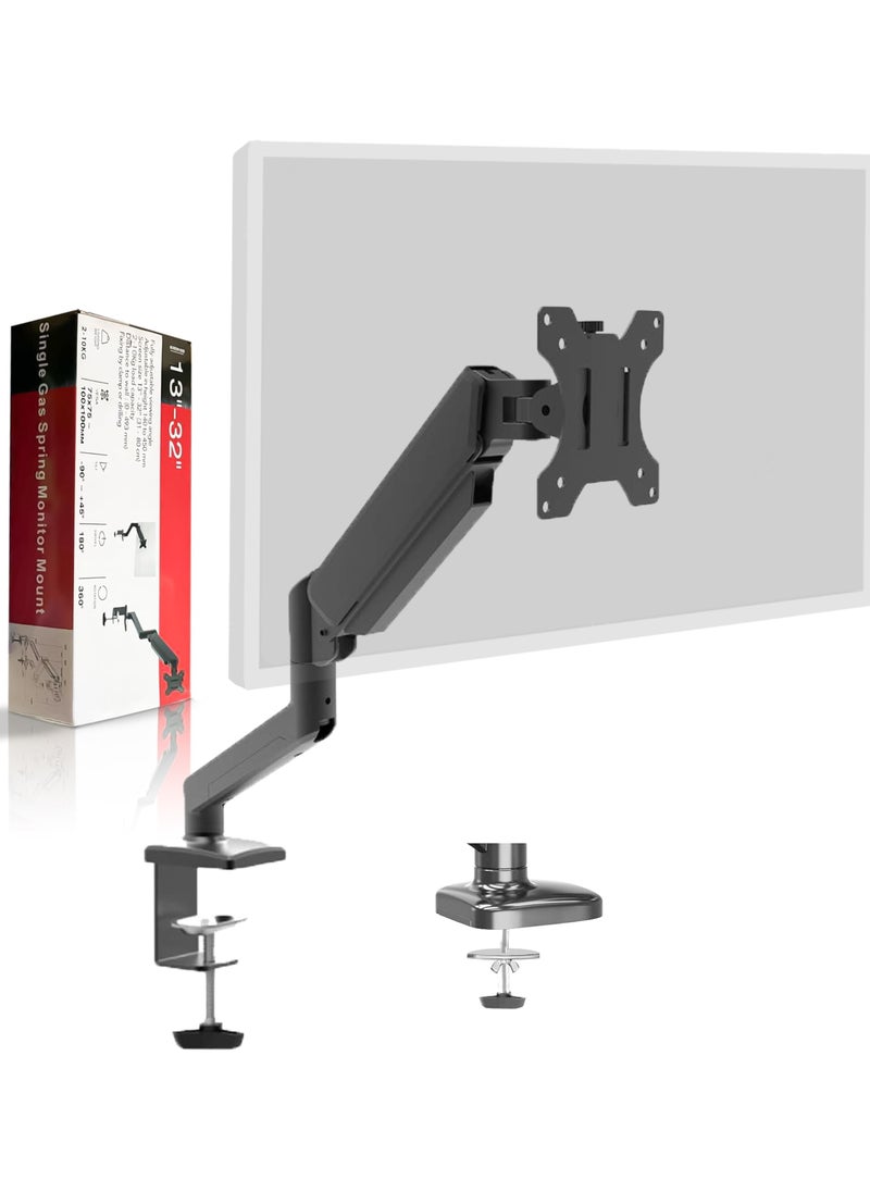 360® Computer Monitor Arm with Gas Spring Monitor Mount Desk Mount Tilt Angle for 10-32 Inch Adjustable Height Load Capacity 10kg VESA 75x75/100x100mm with Grommet And C-Clamp Mounting