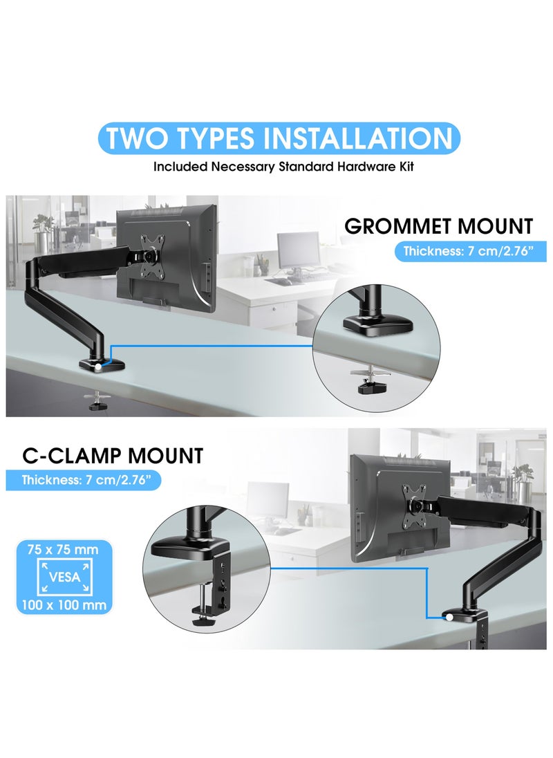 360® Computer Monitor Arm with Gas Spring Monitor Mount Desk Mount Tilt Angle for 10-32 Inch Adjustable Height Load Capacity 10kg VESA 75x75/100x100mm with Grommet And C-Clamp Mounting