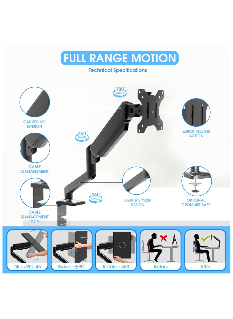 360® Computer Monitor Arm with Gas Spring Monitor Mount Desk Mount Tilt Angle for 10-32 Inch Adjustable Height Load Capacity 10kg VESA 75x75/100x100mm with Grommet And C-Clamp Mounting