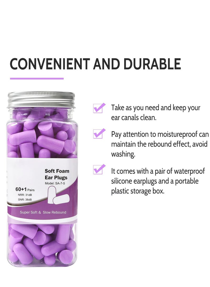 Ultra Soft Foam Earplugs Sleep 38dB Noise Cancelling Ear Plugs for Sleeping Shooting Snoring Work Loud 60 Pairs Purple