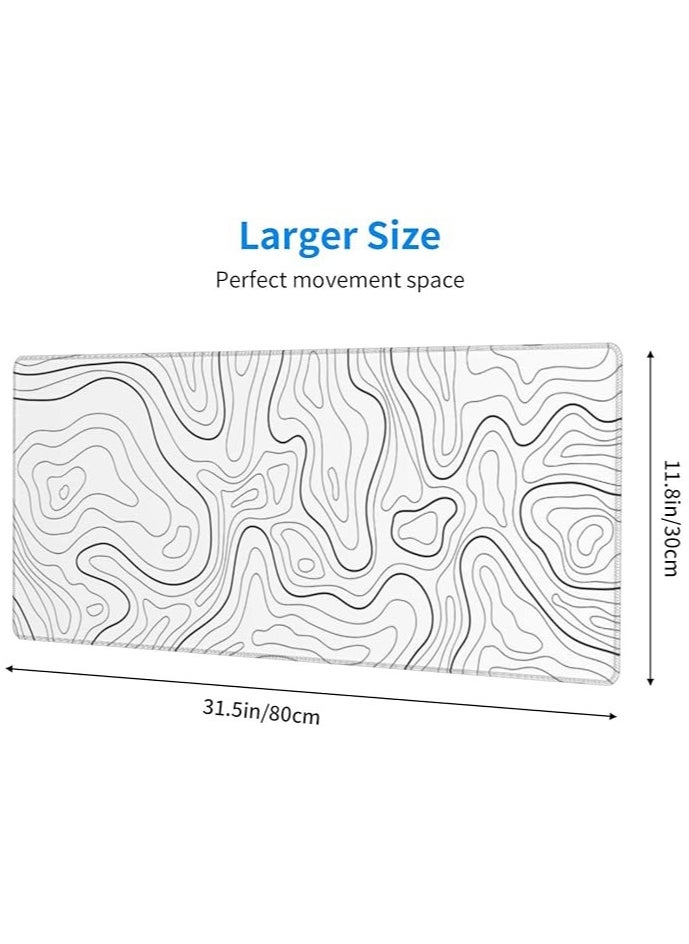 Large Mouse Pad Gaming Mousepad XL Minimalist Topographic Map Desk Mat Mouse Pad Long 31.5x11.8 in Extended Big White Mouse Pad Waterproof Desk Pad with Non-Slip Base and Stitched Edges for Computer