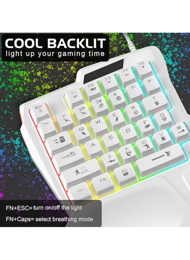 One Handed Gaming Keyboard, Small Gaming Keyboard with Ergonomic Palm Rest, Mini Gaming Keypad, 35 Keys One-hand Wired Gaming Keypad Membrane Keyboard with LED for Gamer (White)