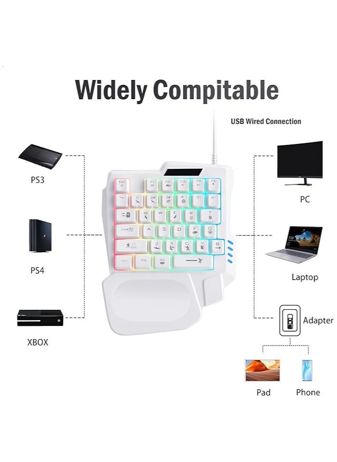 One Handed Gaming Keyboard, Small Gaming Keyboard with Ergonomic Palm Rest, Mini Gaming Keypad, 35 Keys One-hand Wired Gaming Keypad Membrane Keyboard with LED for Gamer (White)