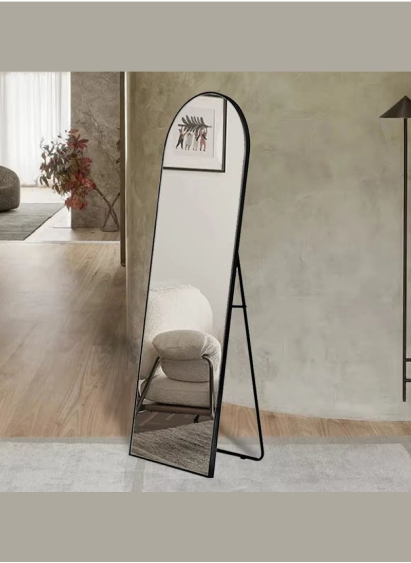 Full Length Body Dressing Mirror, Aluminum Alloy Standing Thin Frame Bedroom Mirror, Wall Mounted Door Hanging Arched Living Room Mirror, Size 150x40cm Black Color Frame