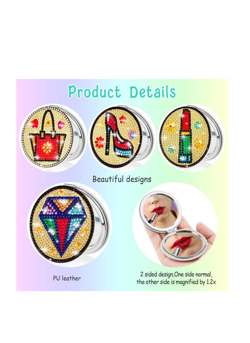 4 PCS Diamond Painting Compact Mirror DIY Pocket Mirror with Diamond Painting Cover Double-Sided Portable Folding Purse Makeup Mirror Diamond Art Kits for Women Girls Kids Gift