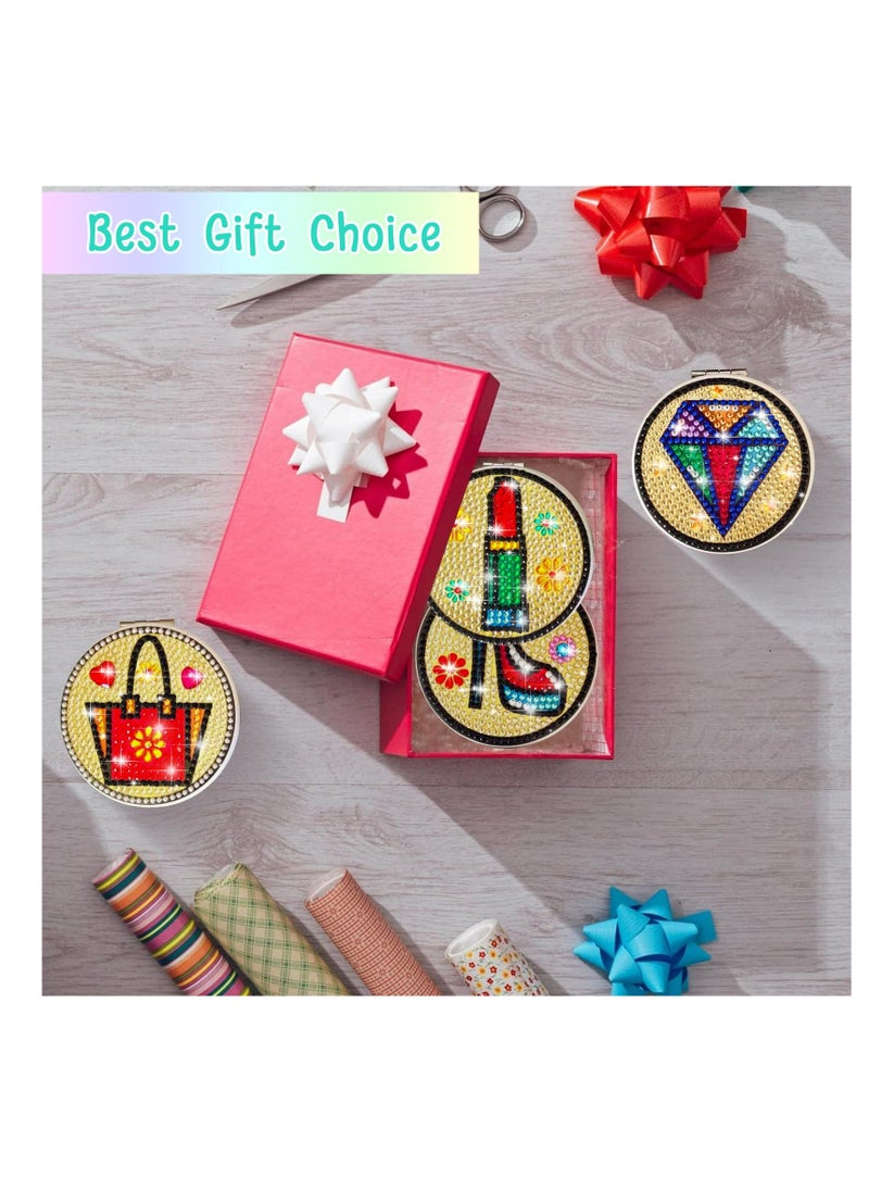 4 PCS Diamond Painting Compact Mirror DIY Pocket Mirror with Diamond Painting Cover Double-Sided Portable Folding Purse Makeup Mirror Diamond Art Kits for Women Girls Kids Gift