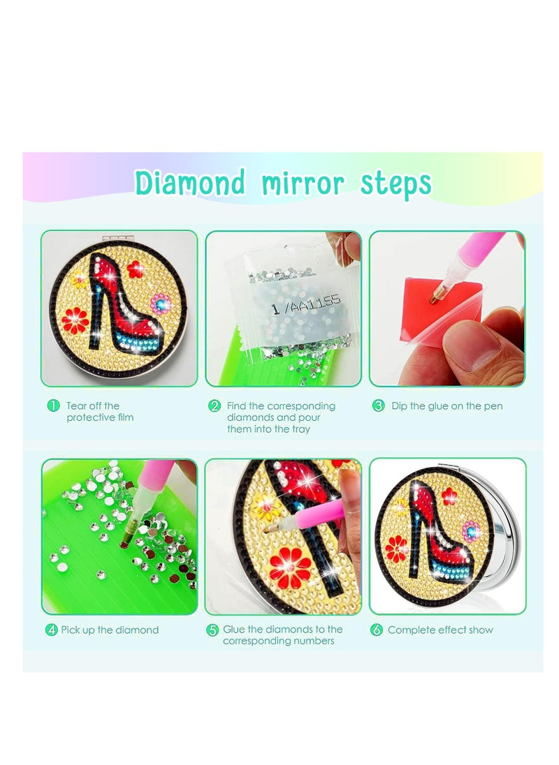 4 PCS Diamond Painting Compact Mirror DIY Pocket Mirror with Diamond Painting Cover Double-Sided Portable Folding Purse Makeup Mirror Diamond Art Kits for Women Girls Kids Gift