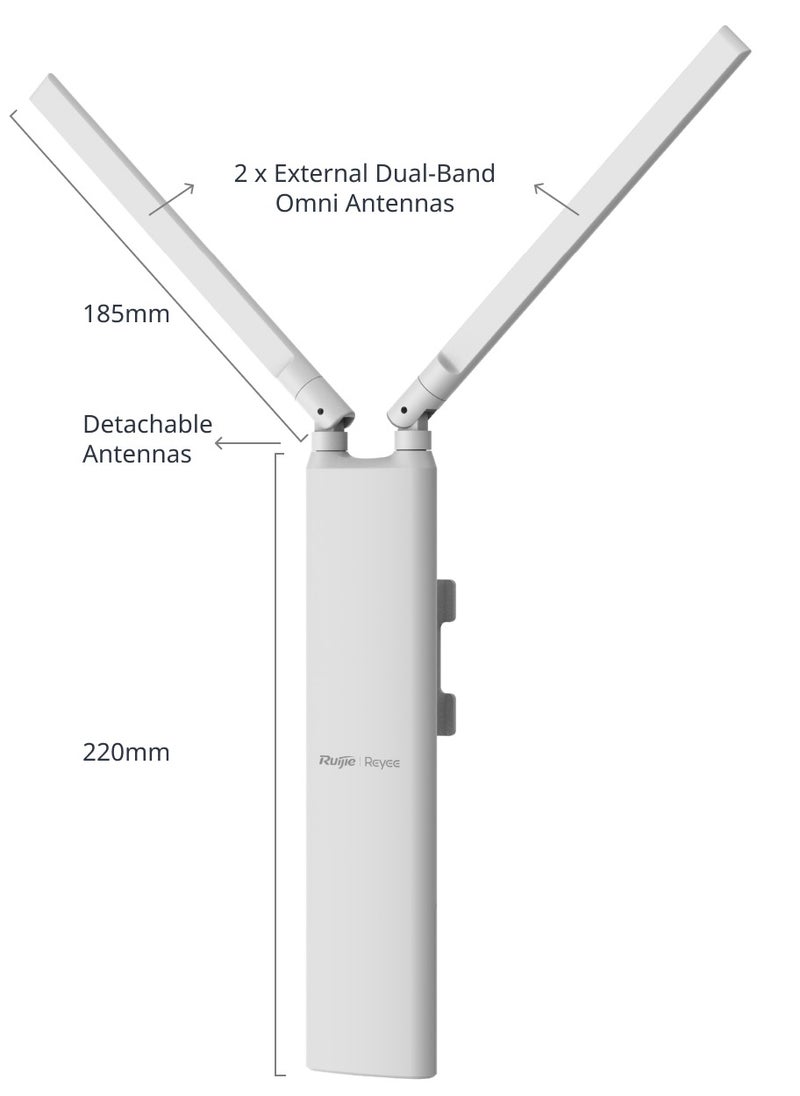 Ruijie Reyee RG-RAP52-OD Outdoor Wi-Fi 5 AC1300 Dual-Band Access Point - Mesh, Weatherproof, Detachable Antennas