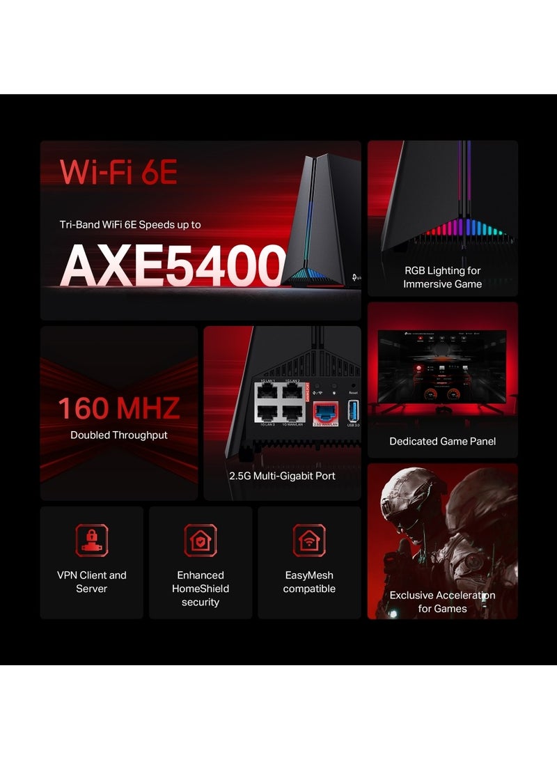 AXE5400 Tri-Band Wi-Fi 6E Gaming Router, up 5.4Gbps, 2.5G Port, 6 GHz Band, Game Acceleration, HomeShield Security, Gaming & Streaming, Smart Home, EasyMesh Compatibility (Archer GXE75) Black